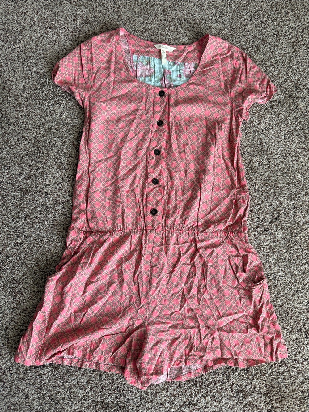 Matilda Jane Pink Printed Short-Sleeve Button Romper with pockets Sz Medium